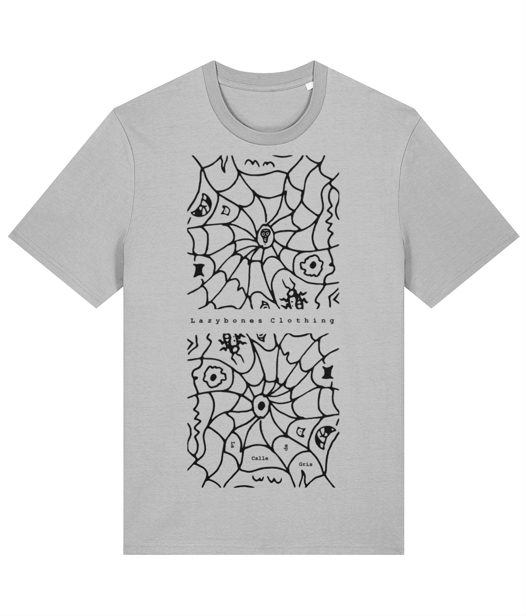 Two siders webs mirrored symmetrically with the words Lazybones clothing between the images. The webs contain two flying birds, a spider like creature. The top design has the lazybones skull in the middle. Within the web of the bottom design there are the words La Calle De Gris at different angles. The artwork is black on a heather grey T-shirt. 