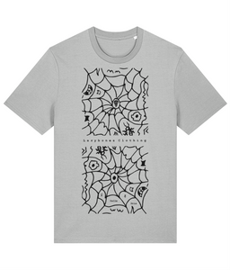 Two siders webs mirrored symmetrically with the words Lazybones clothing between the images. The webs contain two flying birds, a spider like creature. The top design has the lazybones skull in the middle. Within the web of the bottom design there are the words La Calle De Gris at different angles. The artwork is black on a heather grey T-shirt. 