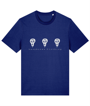 The famous lazybones skulls in triplet with Lazybones Clothing written below, white artwork on a worker blue T-shirt