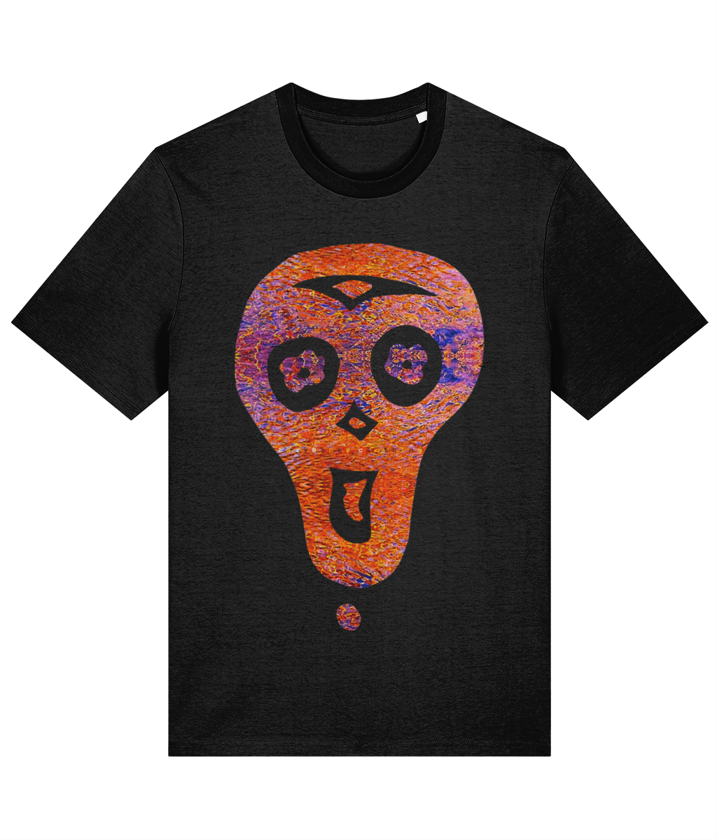 The lazybones skull filled with a peaceful sunset on water on a black organic cotton tee shirt, made from sustainable materials in n ethical manner