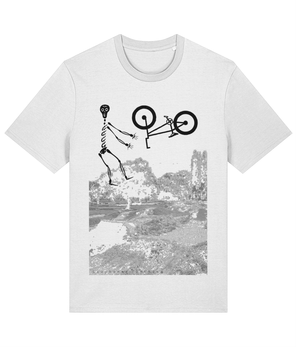 The "Coming Your Way" T-shirt in white showcases an eye-catching design of a rider soaring mid-air, detached from their bike, embodying the thrill of adventure. Made from 100% organic cotton and sustainably sourced, this eco-friendly tee offers both comfort and a clean, stylish look. Perfect for those who live for excitement and want to express their passion for biking!