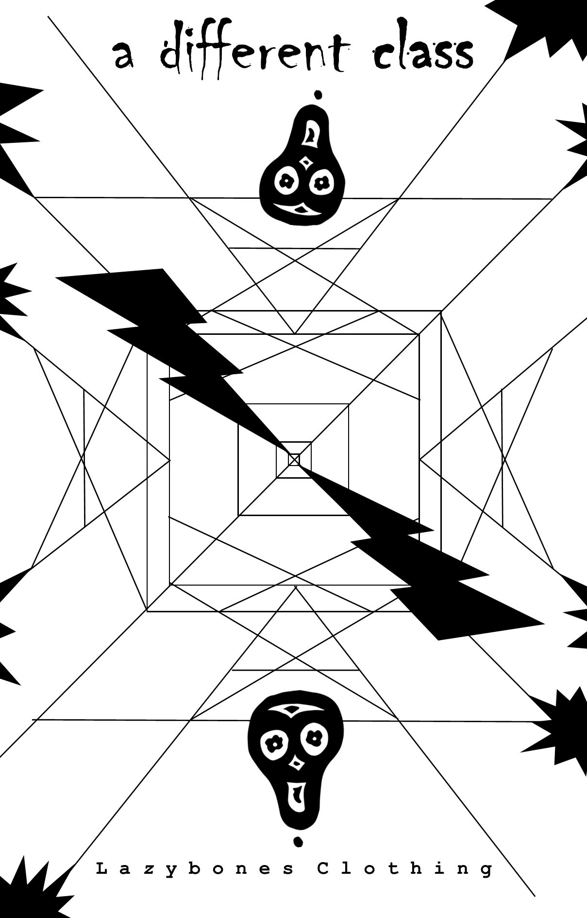 Symmetrical T with two skulls and a electric. The text and artwork are in black. This the image that is printed onto the garment.