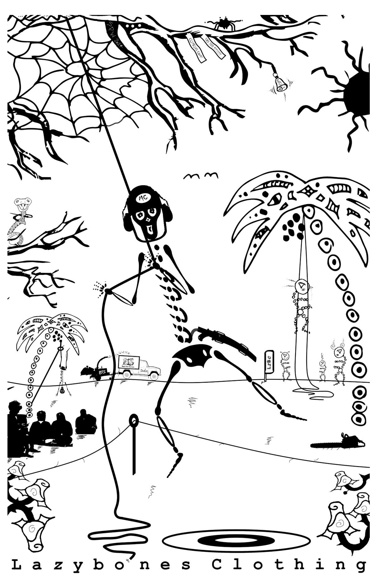 This T-shirt shows a skeleton abseiling from a tree onto a target on the floor. The words lazybones clothing are at the bottom. The artwork and text are in black.