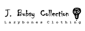 A simple design of the text J. Busby Collection with a petit skull to the side, below in spaced out text it says lazybones clothing to complete the brands look, the text and skull logo are in white.