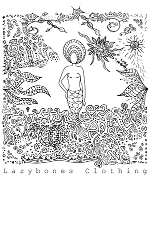 This is a mystical drawing of a mermaid among abstract shapes. Below the artwork is the text Lazybones Clothing. The artwork and text is in black. This the image that will be printed onto the garment.