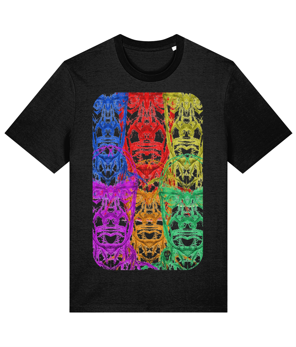 The Penniless Scoundrel T-shirt offers a dynamic blend of repetition and colour. Featuring six identical heads, each in a unique hue, arranged in a rounded oblong shape, this design plays with uniformity and diversity. The multicoloured palette adds a vibrant edge, making it visually striking while maintaining simplicity in form.

Made from 100% organic cotton and ethically produced, this T-shirt reflects a commitment to sustainability without compromising on artistic flair. This t-shirt colour is black.