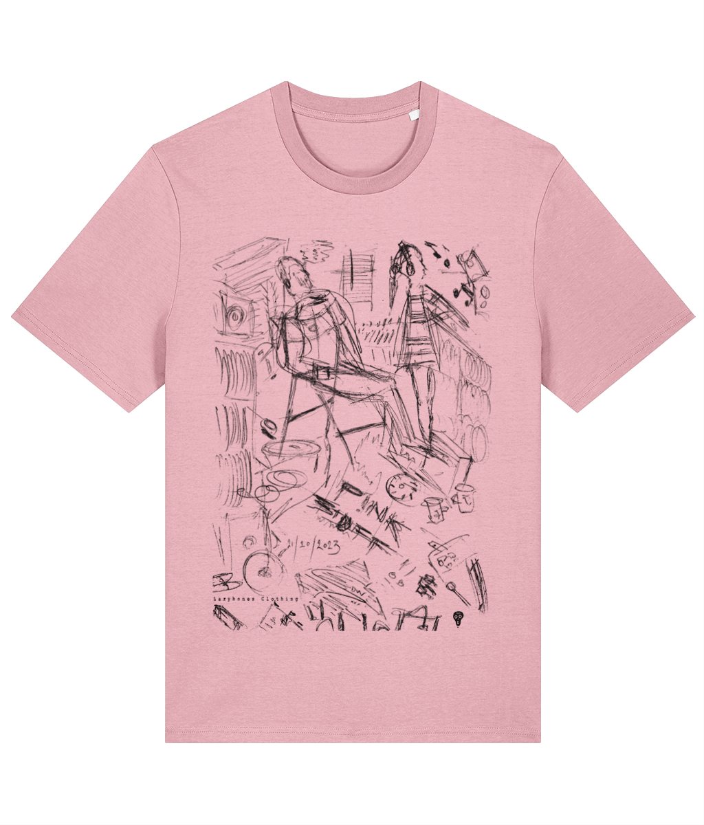 The DJ Karolina hand sketched design shows a lady on the turntables, a black design on an cotton pink organic and sustainable t-shirt.