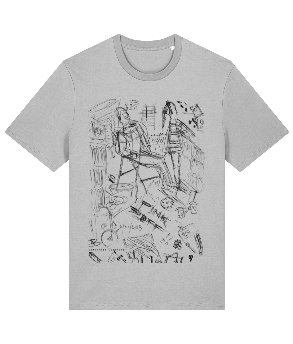 The DJ Karolina hand sketched design shows a lady on the turntables, a black design on a  heather grey organic and sustainable t-shirt.