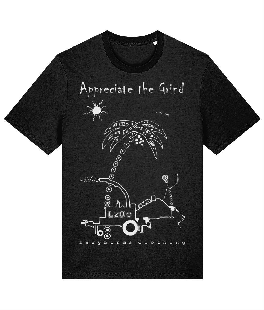 A skeleton going through a wood chipper underneath a palm tree with the words appreciate the grind at the top in white