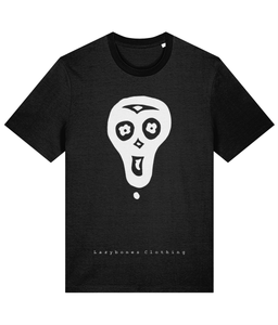 One big skull with the words Lazybones Clothing below, all artwork and text in white on a black T-shirt