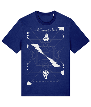 Symmetrical T with two skulls and a electric. The text and artwork are in white on a worker blue t-shirt.