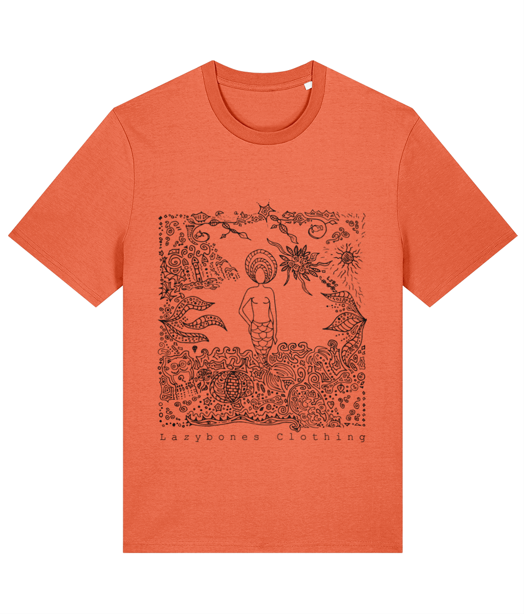 This is a mystical drawing of a mermaid among abstract shapes. Below the artwork is the text Lazybones Clothing. The artwork and text is in black on a fiesta orange T-shirt.