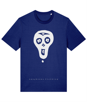 One big skull with the words Lazybones Clothing below, all artwork and text in white on a worker blue T-shirt