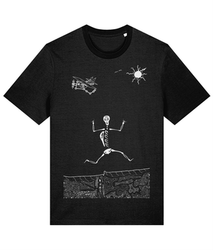 Black organic cotton round-neck T-shirt featuring white artwork of a skeleton skydiving out of a plane, showing the fingers in a rock symbol. Sustainably sourced and ethically made, this design blends daring adventure with eco-friendly fashion.