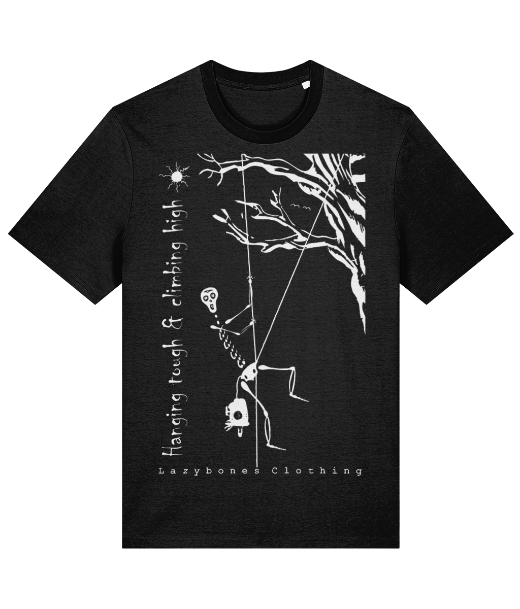 This T-shirt has the words hanging tough and climbing high. It features a skeleton hanging from a rope system from a tree