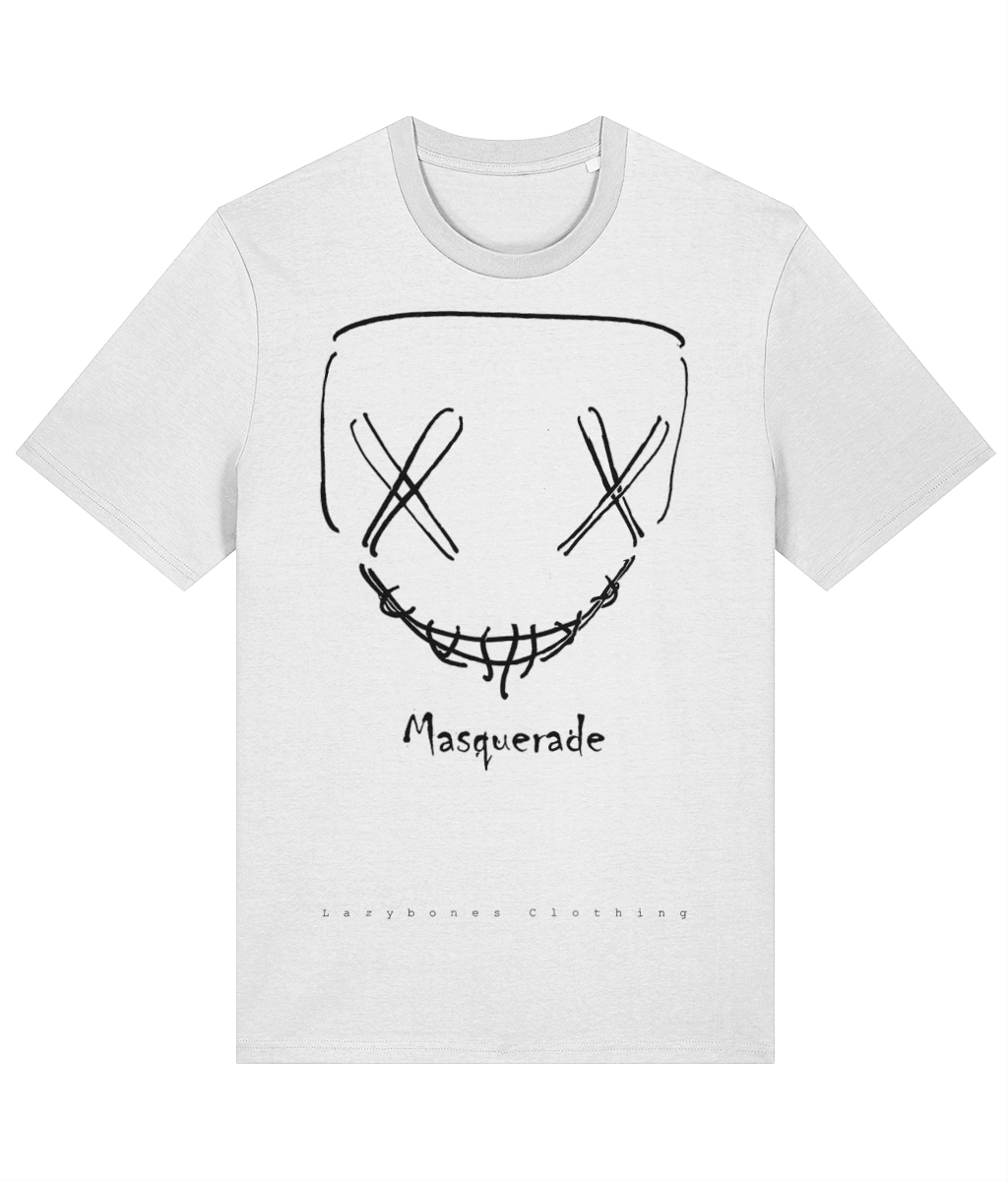 T-shirt featuring a bold mask design with the word "Masquerade" printed below. Made from 100% organic cotton, the shirt is sustainably sourced and ethically produced. The design is elegant and mysterious, offering a unique, eco-friendly fashion statement. Perfect for those who value conscious fashion and stylish self-expression