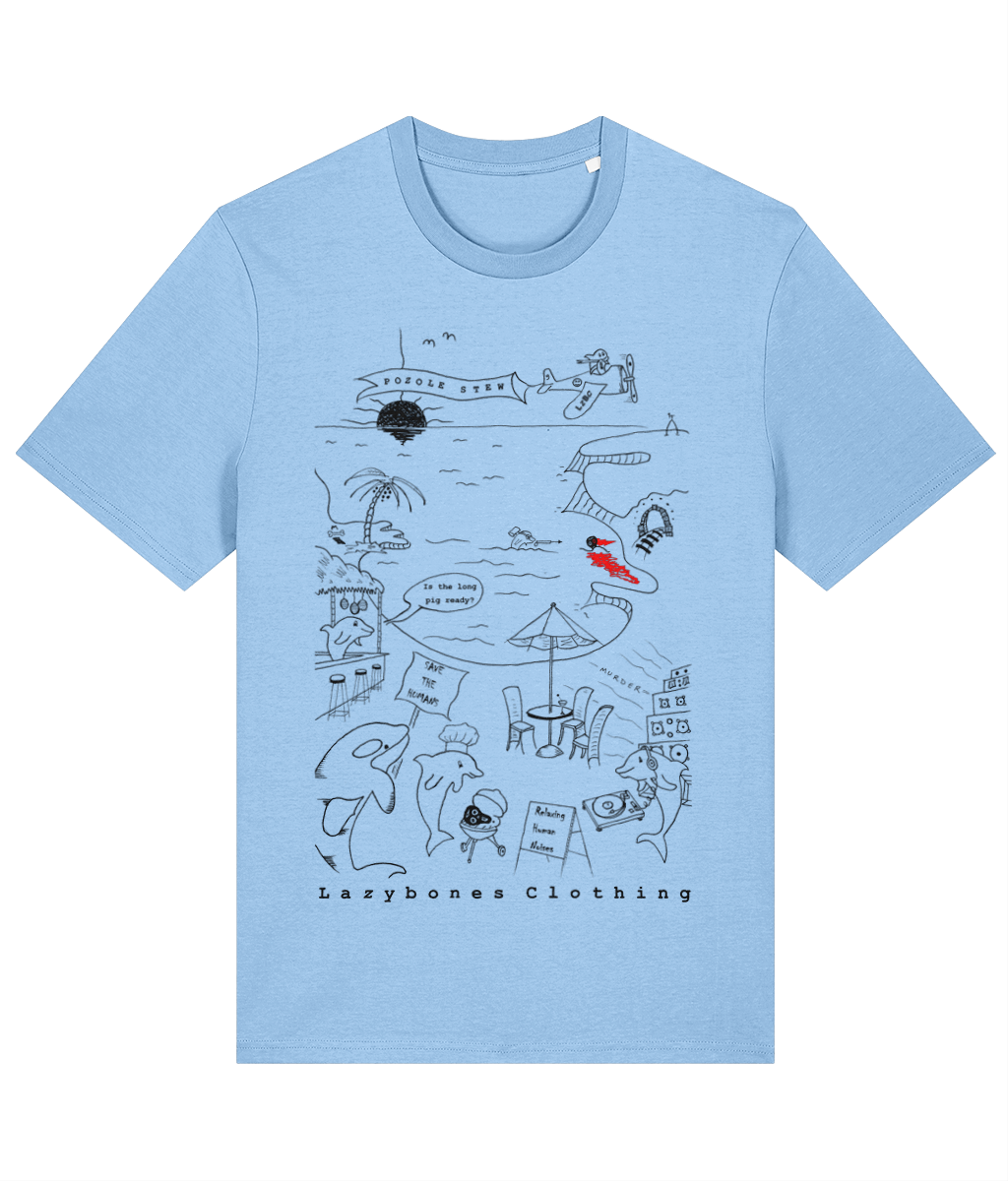 A dolphin and whale protest t-shirt with the sea creatures killing and eating the humans. The design is black on a light blue t-shirt.