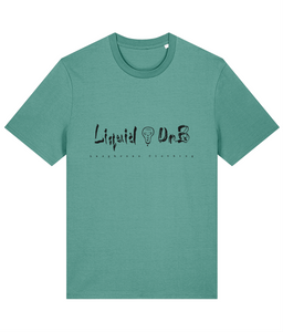 The words liquid DnB divided by the Lazybones skull. Below it says Lazybones clothing. The artwork and text are in black on a light green T-shirt.