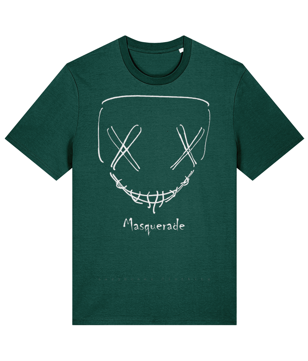 T-shirt featuring a bold mask design with the word "Masquerade" printed below. Made from 100% organic cotton, the shirt is sustainably sourced and ethically produced. The design is elegant and mysterious, offering a unique, eco-friendly fashion statement. Perfect for those who value conscious fashion and stylish self-expression