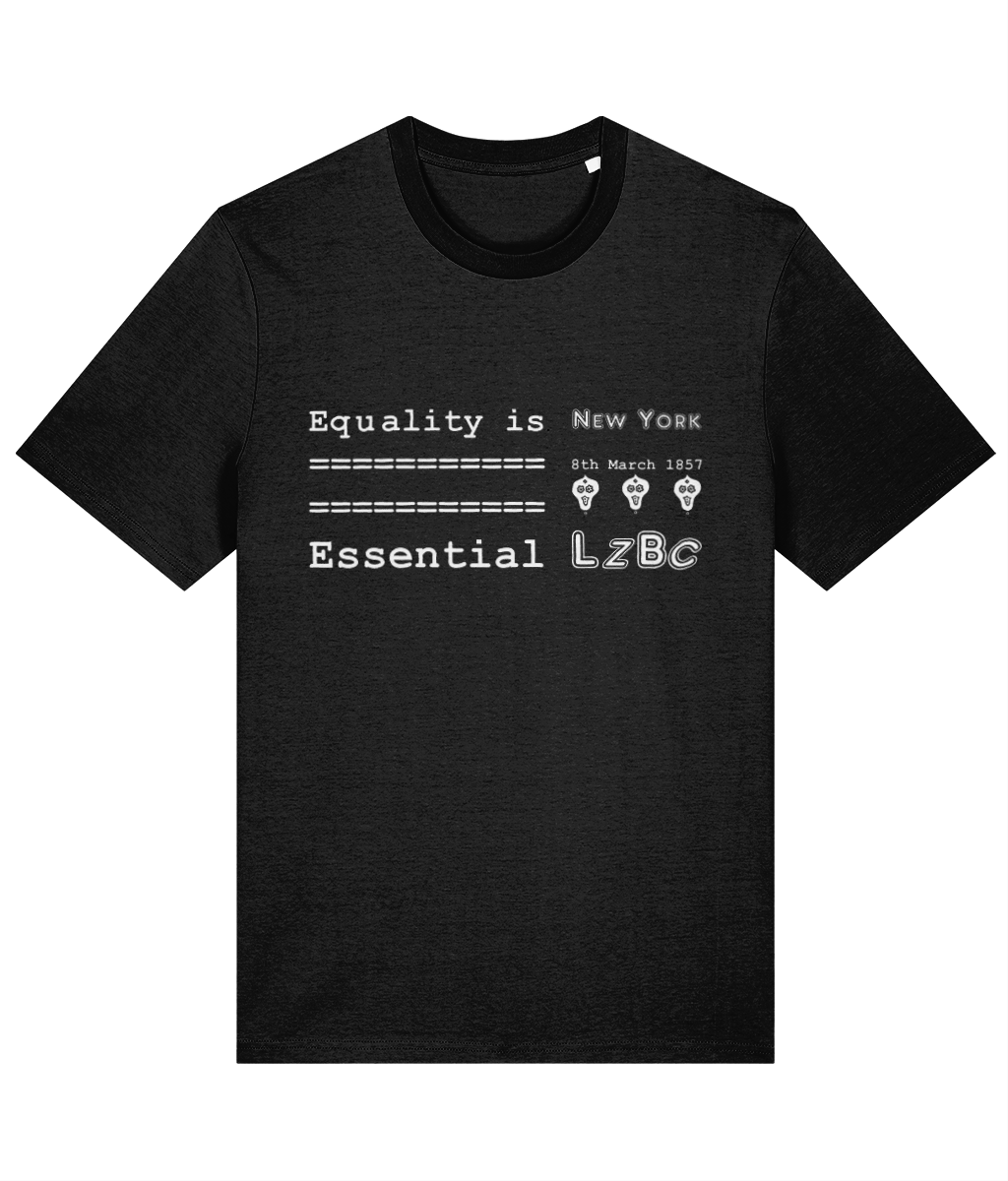 A T-shirt with a chest slogan dedicated to world women’s day that’s says equality is essential on the front with the date 8th March 1857 (the first women’s day) with three lady skulls in white on a black T-shirt.