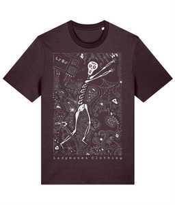 This is the very first lazybones clothing design. It depicts a skeleton throwing a TV with lots of doodles around it. For example there is a smiling snaked wrapped round one leg. The words Lazybones Clothing are at the bottom. The text and image are in white on a red brown T-shirt.