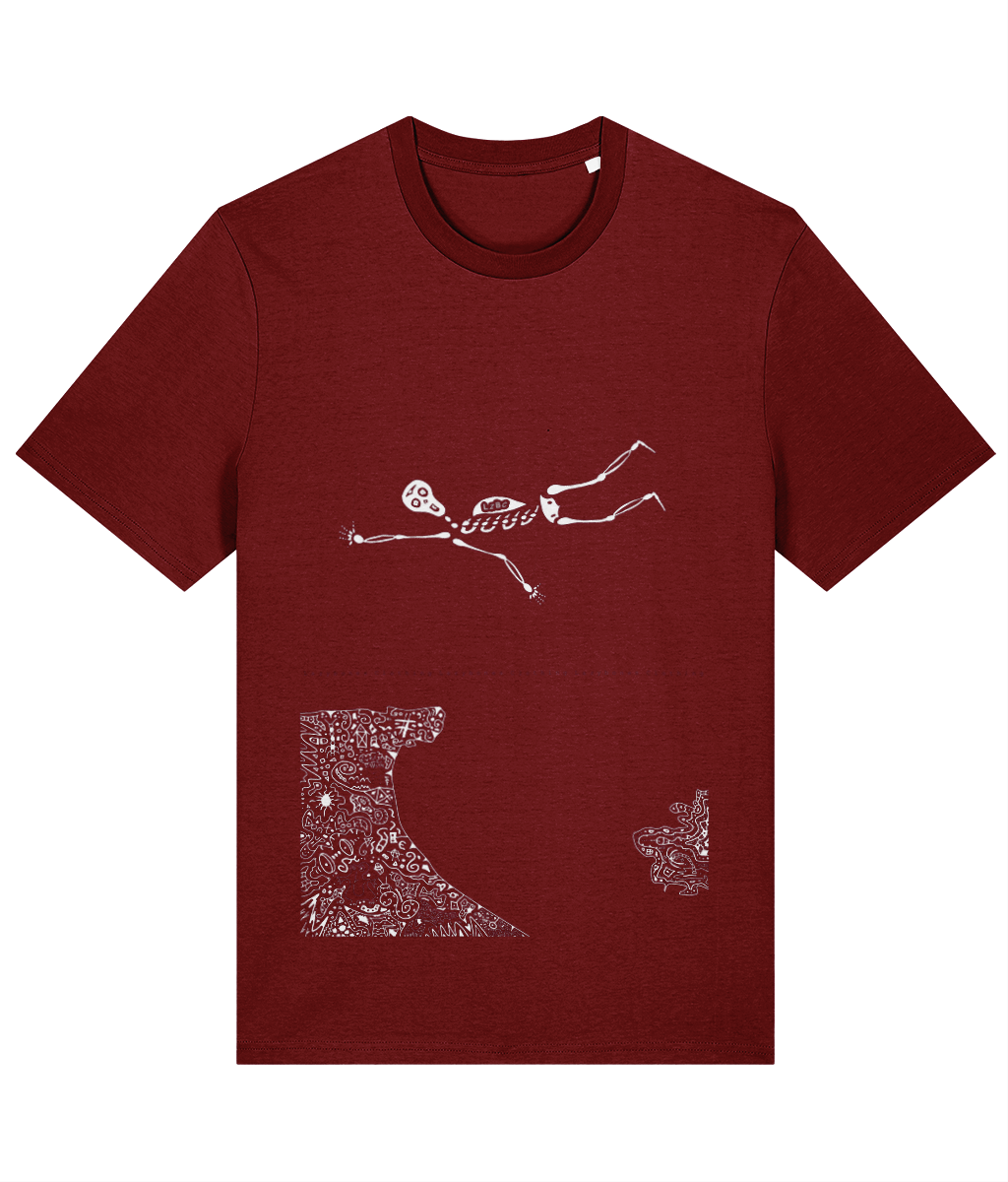 Organic cotton round-neck T-shirt featuring a skeleton in freefall, trying to avoid landing in a mysterious town below. Soft, sustainably sourced, and ethically made, this design brings adventurous storytelling to sustainable fashion. Burgundy t-shirt with white artwork.