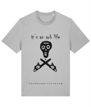 The words it's an arb life above a lazybones skeleton with two chainsaws below in a skull and cross bones style. At the very bottom of the T-shirt it says lazybones clothing. The artwork and text are in black on a heather grey T-shirt.