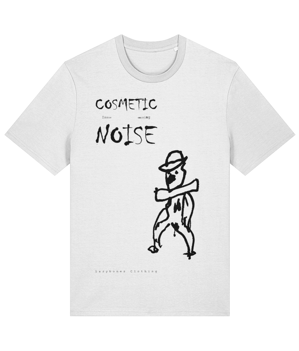 T-shirt featuring a hand-drawn image of a little man wearing a hat, with the slogan "Cosmetic Noise Making Noise" printed below. The shirt is made from 100% organic cotton, ethically sourced, and sustainably produced. The design is playful and quirky, combining artistic expression with eco-friendly fashion choices