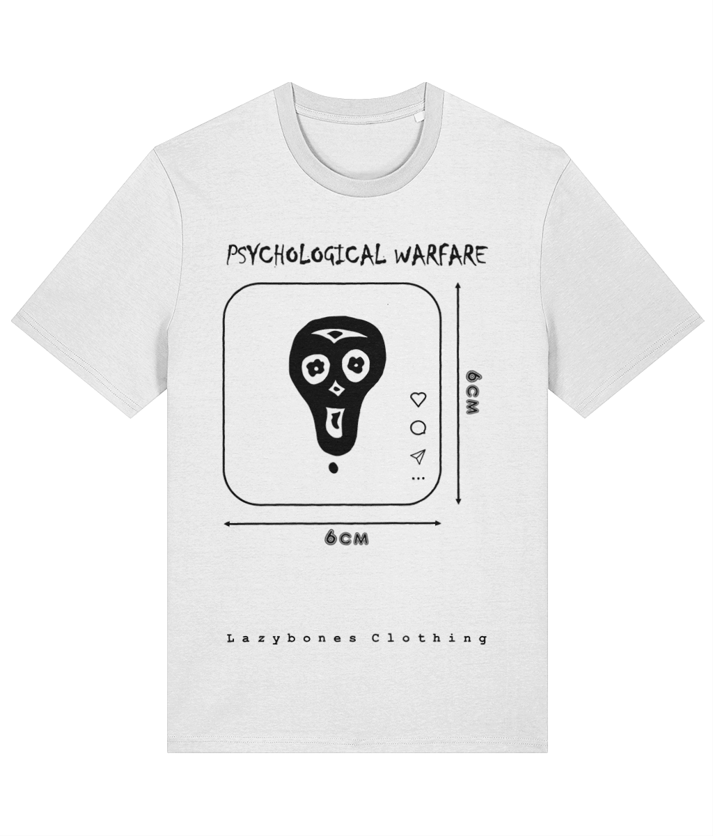 The words psychological warfare above a 6cm by 6cm screen image with a lazybones skeleton in it. The text and artwork are black on a white T-shirt.