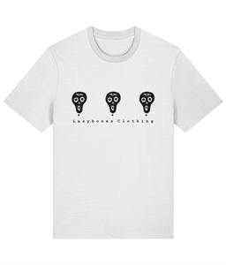 The famous lazybones skulls in triplet with Lazybones Clothing written below, black artwork on a white T-shirt