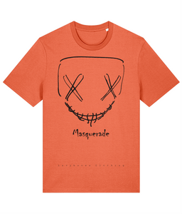 T-shirt featuring a bold mask design with the word "Masquerade" printed below. Made from 100% organic cotton, the shirt is sustainably sourced and ethically produced. The design is elegant and mysterious, offering a unique, eco-friendly fashion statement. Perfect for those who value conscious fashion and stylish self-expression