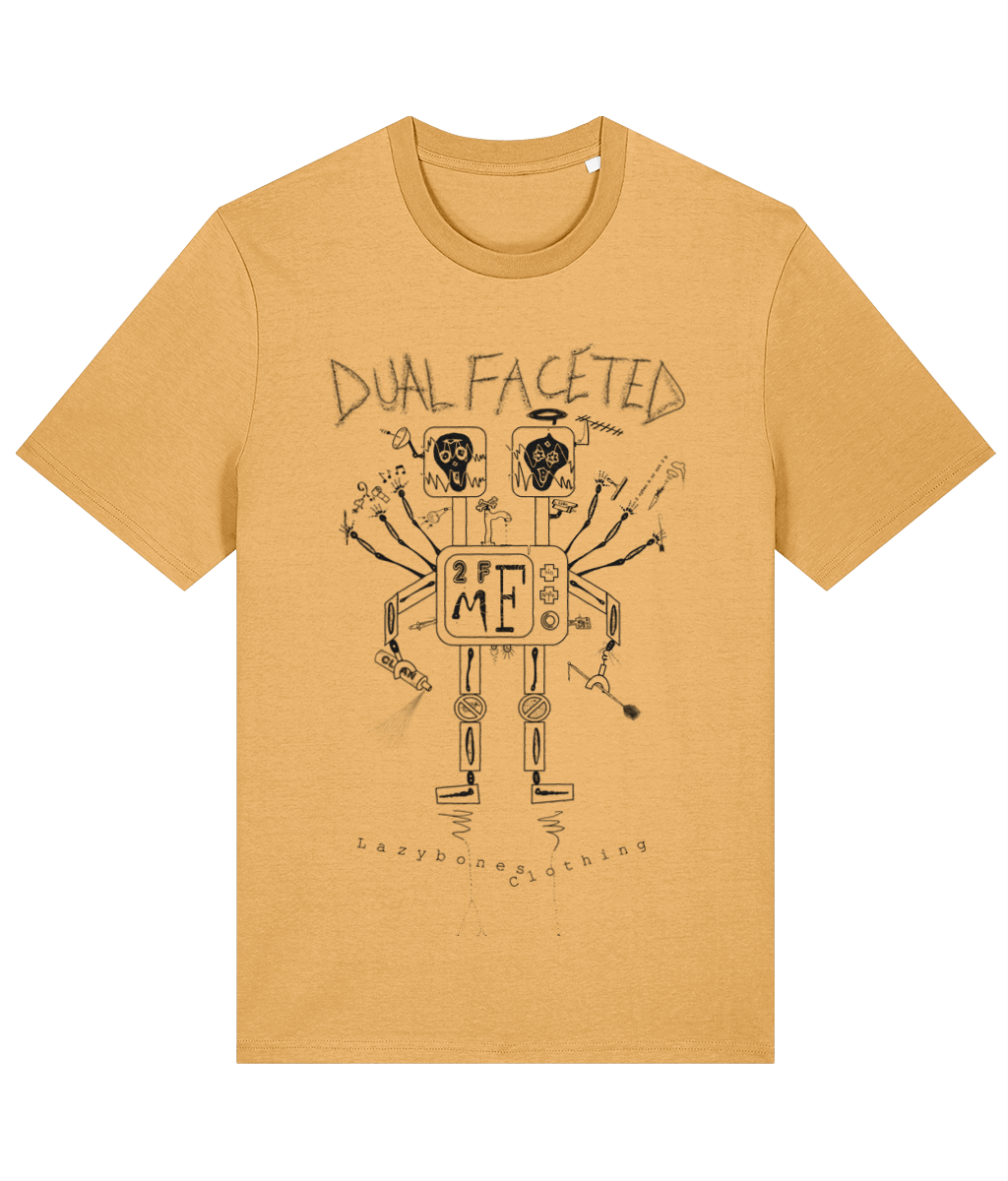 T-shirt featuring a dual-headed robot torn between art and chores.