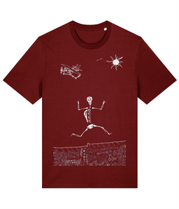 Burgundy organic cotton round-neck T-shirt featuring white artwork of a skeleton skydiving out of a plane, showing the fingers in a rock symbol. Ethically made and sustainably sourced, this design combines bold adventure with eco-conscious style.