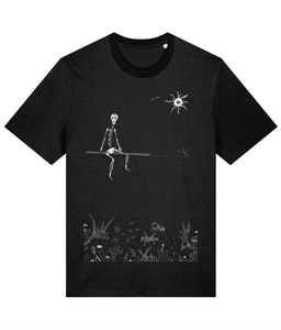 Black organic cotton round-neck T-shirt featuring intricate white artwork of a skeleton sitting on a surfboard, waiting for waves, with organic life and pollution at the bottom of the sea. Ethically made and sustainably sourced, this design blends adventure with a powerful environmental message.