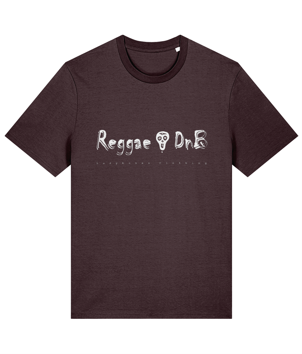 The words reggae DnB divided by the Lazybones skull. Below it says Lazybones clothing. The artwork and text are in white on a red brown T-shirt.