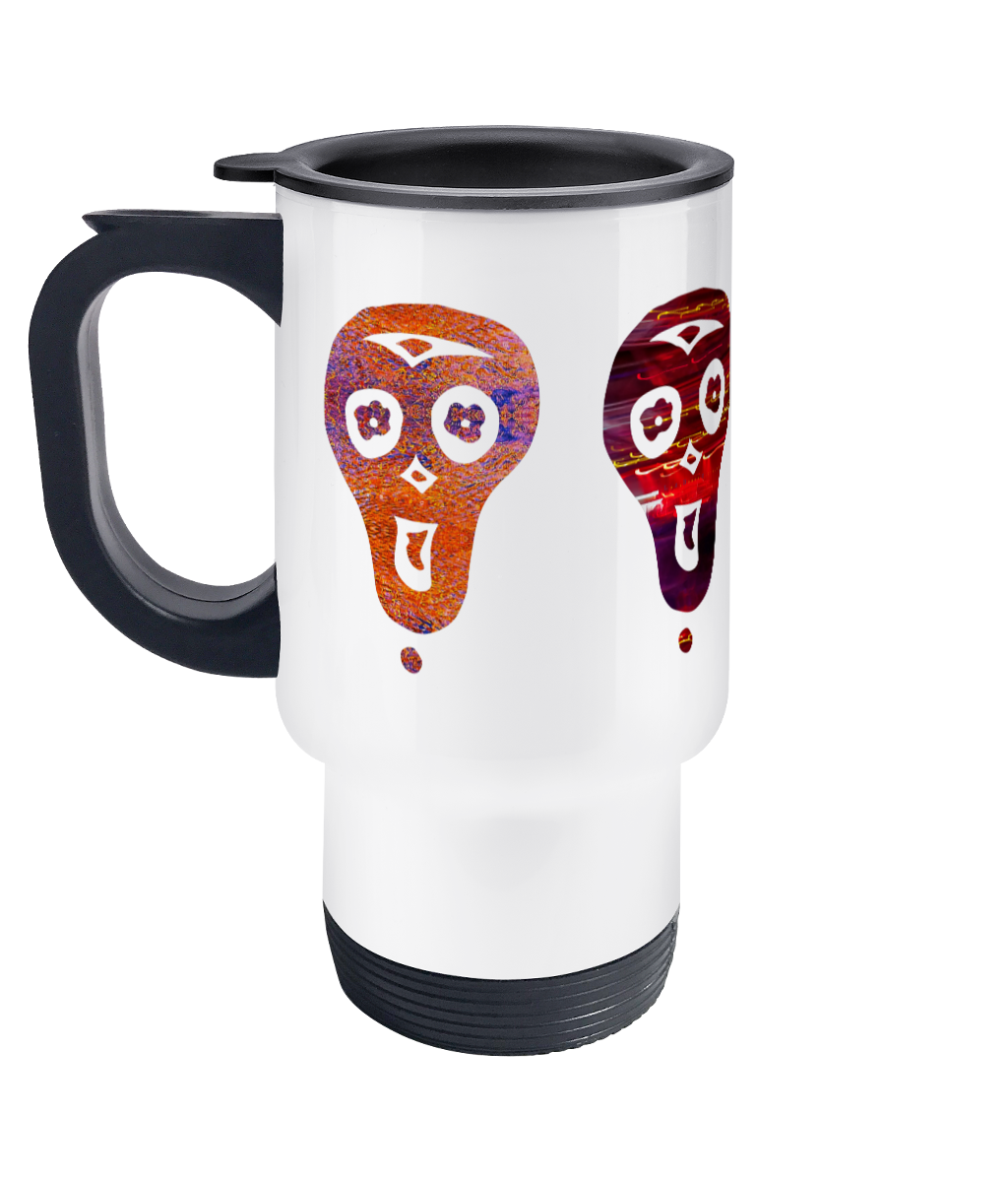 Travel mug featuring four vibrantly coloured skull designs in red, blue, green, and gold, perfect for keeping beverages warm or cool on the go