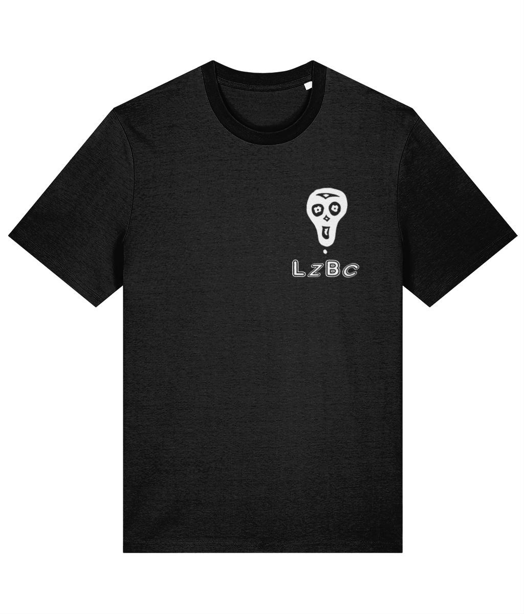 The front of the T-shirt has the lazybones clothing skull logo with the letters LZBC below 