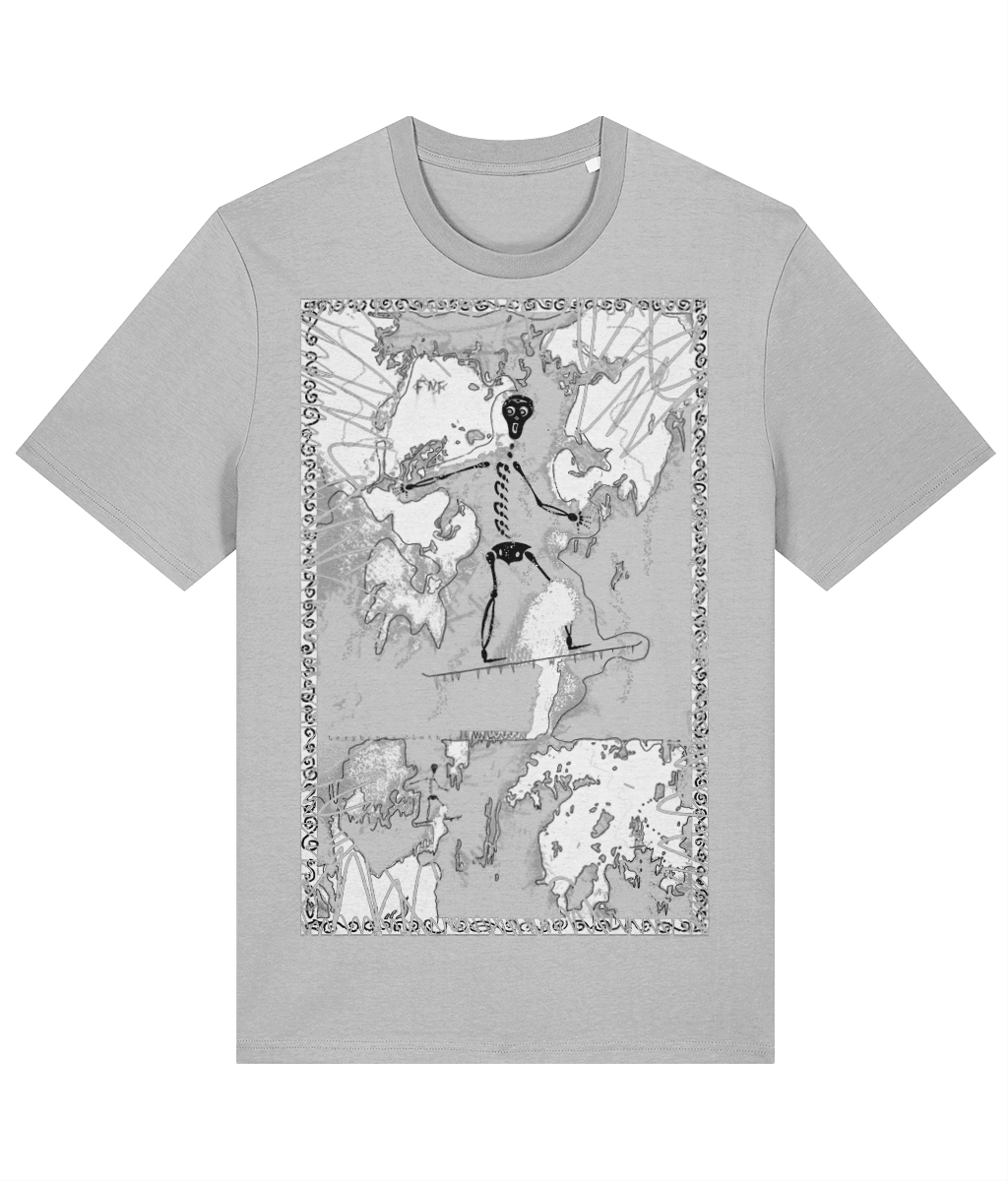 On a snow-covered mountainside, a skeleton snowboarder hangs in limbo, waiting for rescue in a moment that’s ‘Funny, not funny,’ as one onlooker put it. Printed on a heather grey organic cotton T-shirt, this unique design by a visionary artist blends dark humor with a touch of the absurd. Ethically produced and sustainably sourced, this crew-neck tee is a wearable piece of art that tells a story of life’s unpredictable twists.