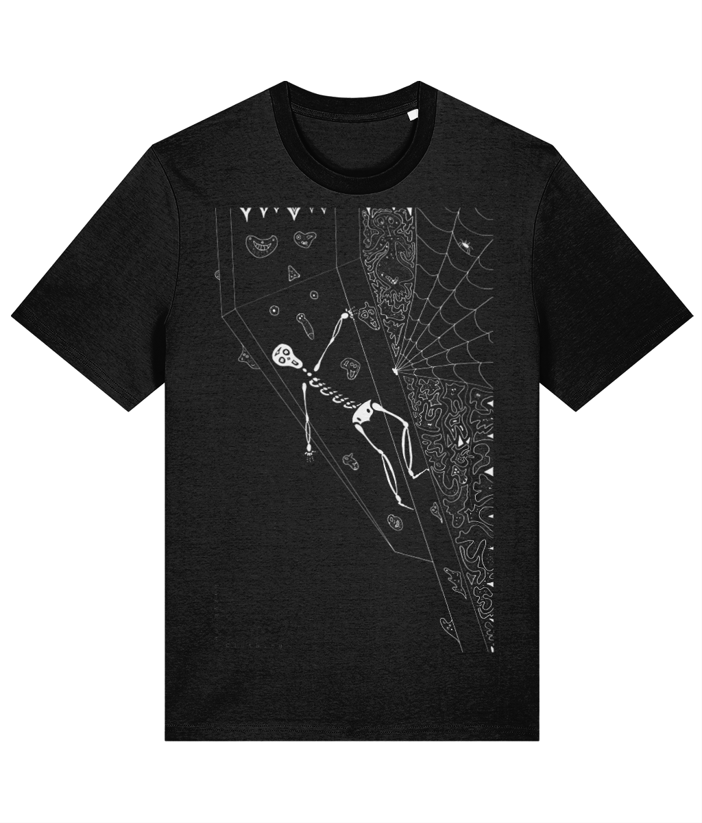 Black organic cotton T-shirt featuring white artwork of a skeleton hanging off an indoor bouldering wall. Sustainably sourced and ethically made, this design blends climbing-inspired imagery with eco-conscious fashion.