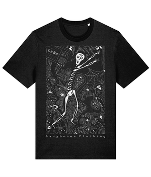 This is the very first lazybones clothing design. It depicts a skeleton throwing a TV with lots of doodles around it. For example there is a smiling snaked wrapped round one leg. The words Lazybones Clothing are at the bottom. The text and image are in white on a black T-shirt.