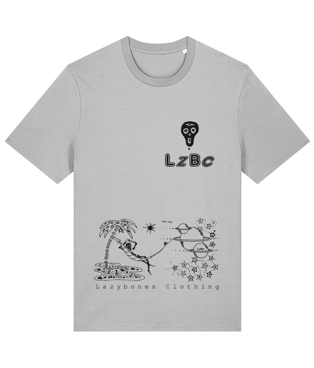 Left chest pocket is a lazybones skull and the letters LZBC. At the bottom of the T-shirt is the lazybones skeleton laying in a hammock which is suspended between a palm tree and a planet surrounded by stars. The text and artwork is in black on a heather grey T-shirt.