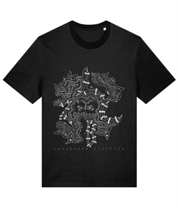 An intricate design with the letters lzbc hidden plus a small skull and the lzbc logo. Lazybones Clothing is written at the bottom. The text and artwork is in white and its on a black T-shirt.