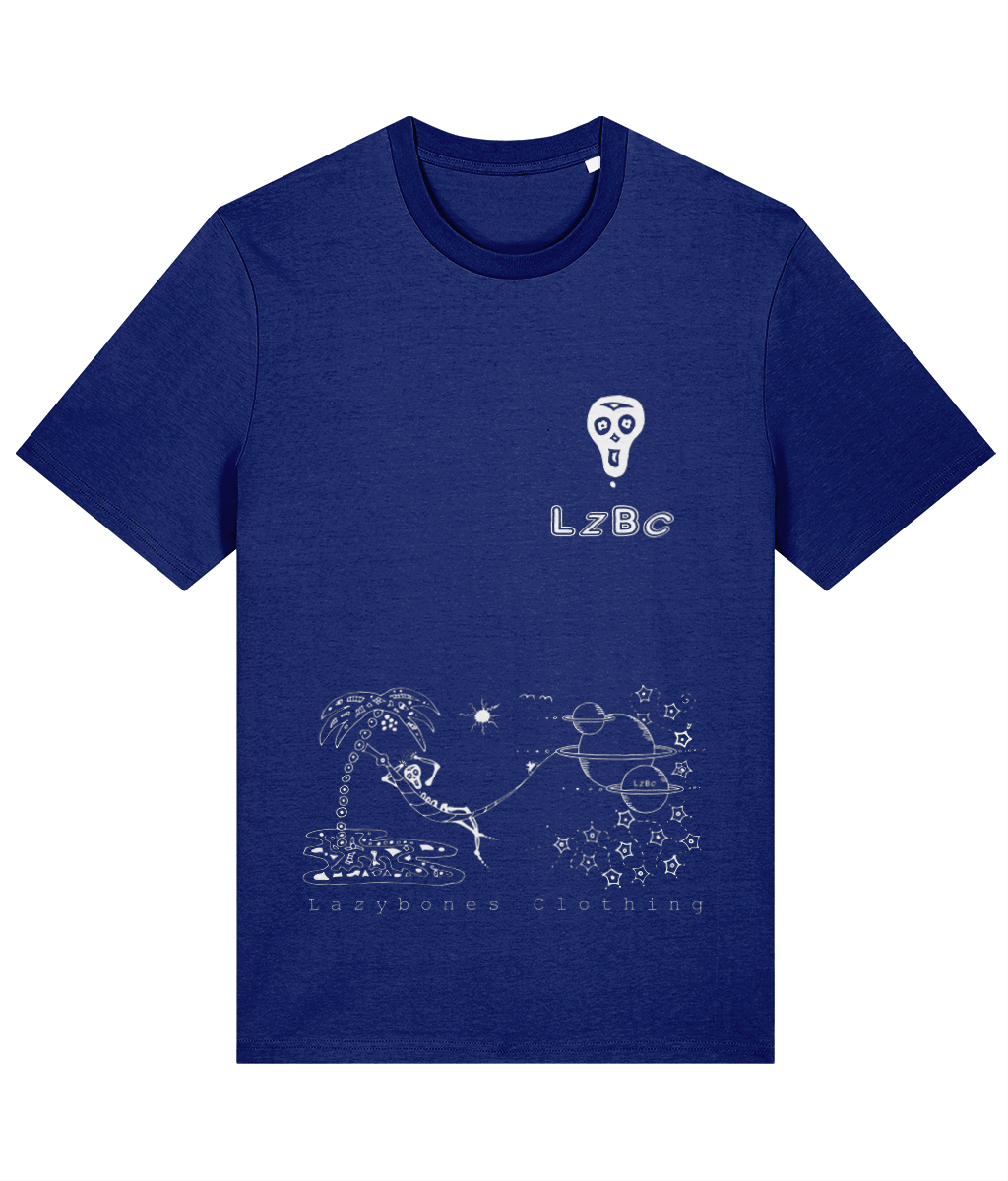 Left chest pocket is a lazybones skull and the letters LZBC. At the bottom of the T-shirt is the lazybones skeleton laying in a hammock which is suspended between a palm tree and a planet surrounded by stars. The text and artwork is in white on a worker blue T-shirt.