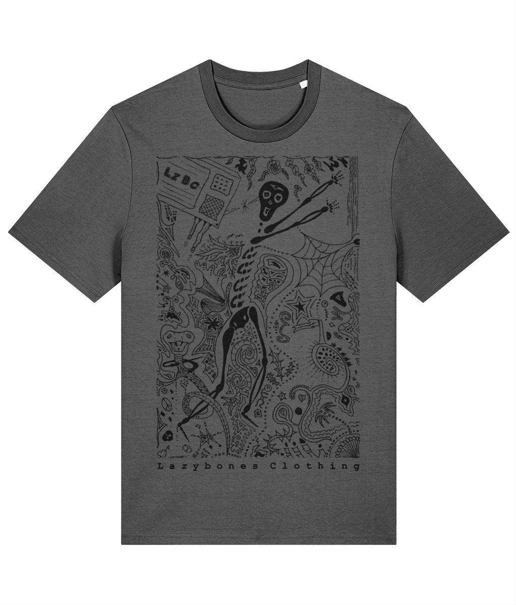 This is the very first lazybones clothing design. It depicts a skeleton throwing a TV with lots of doodles around it. For example there is a smiling snaked wrapped round one leg. The words Lazybones Clothing are at the bottom. The text and image are in black on a mid to dark grey T-shirt.