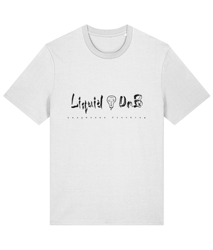 The words liquid DnB divided by the Lazybones skull. Below it says Lazybones clothing. The artwork and text are in black on a white T-shirt.