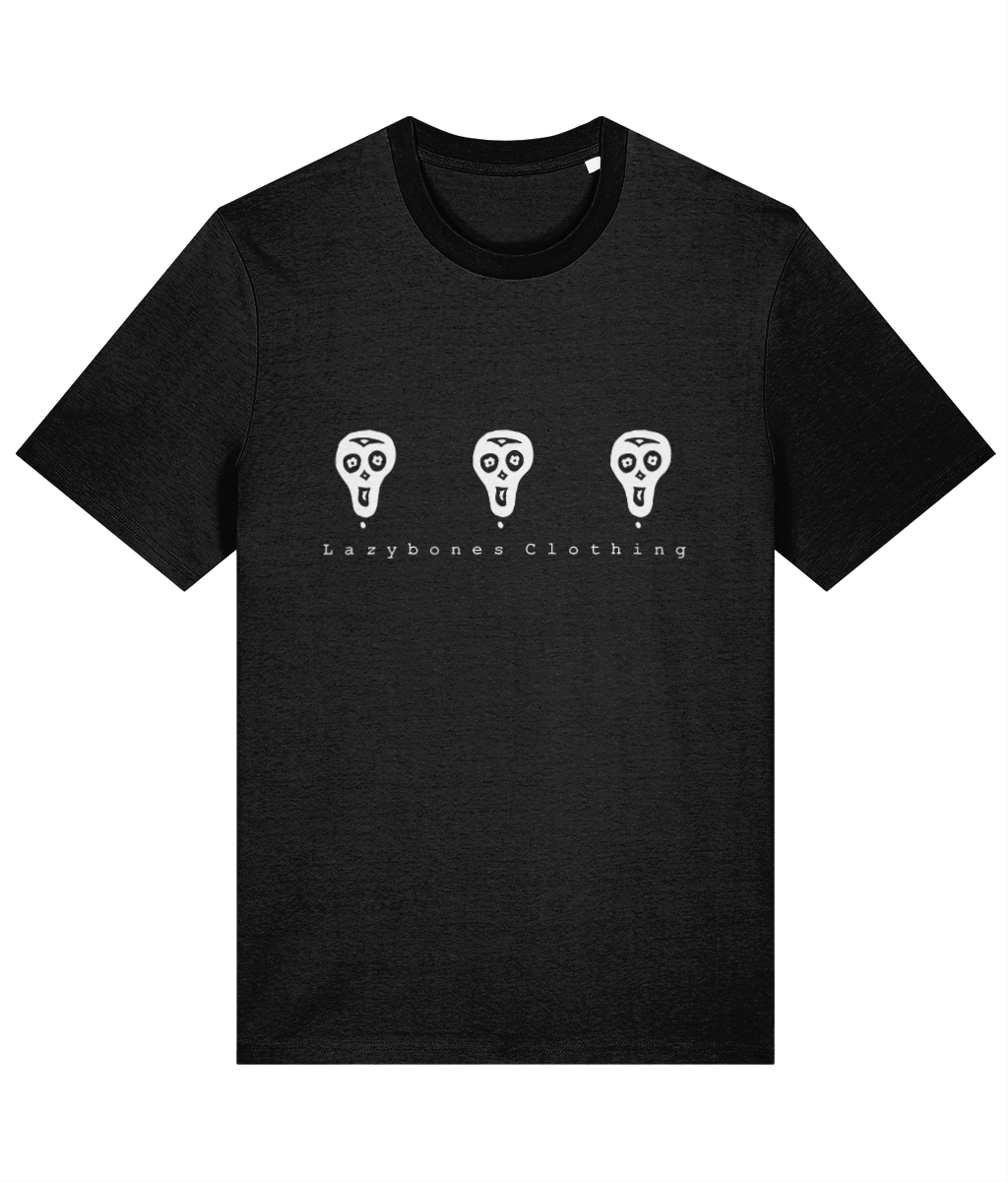 The famous lazybones skulls in triplet with Lazybones Clothing written below, white artwork on a black T-shirt