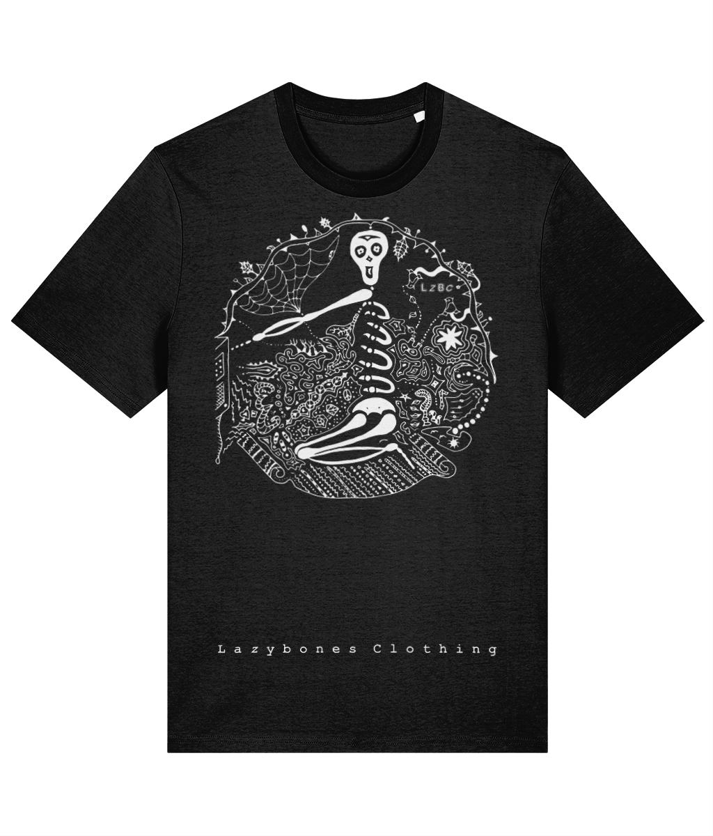 This is the third Lazybones skeleton drawing. It's skeleton kneeling down on a flying carpet turning off a TV with lots of doodles around it. It's a round design with the words Lazybones Clothing at the bottom. The text and image are in white on a black T-shirt.