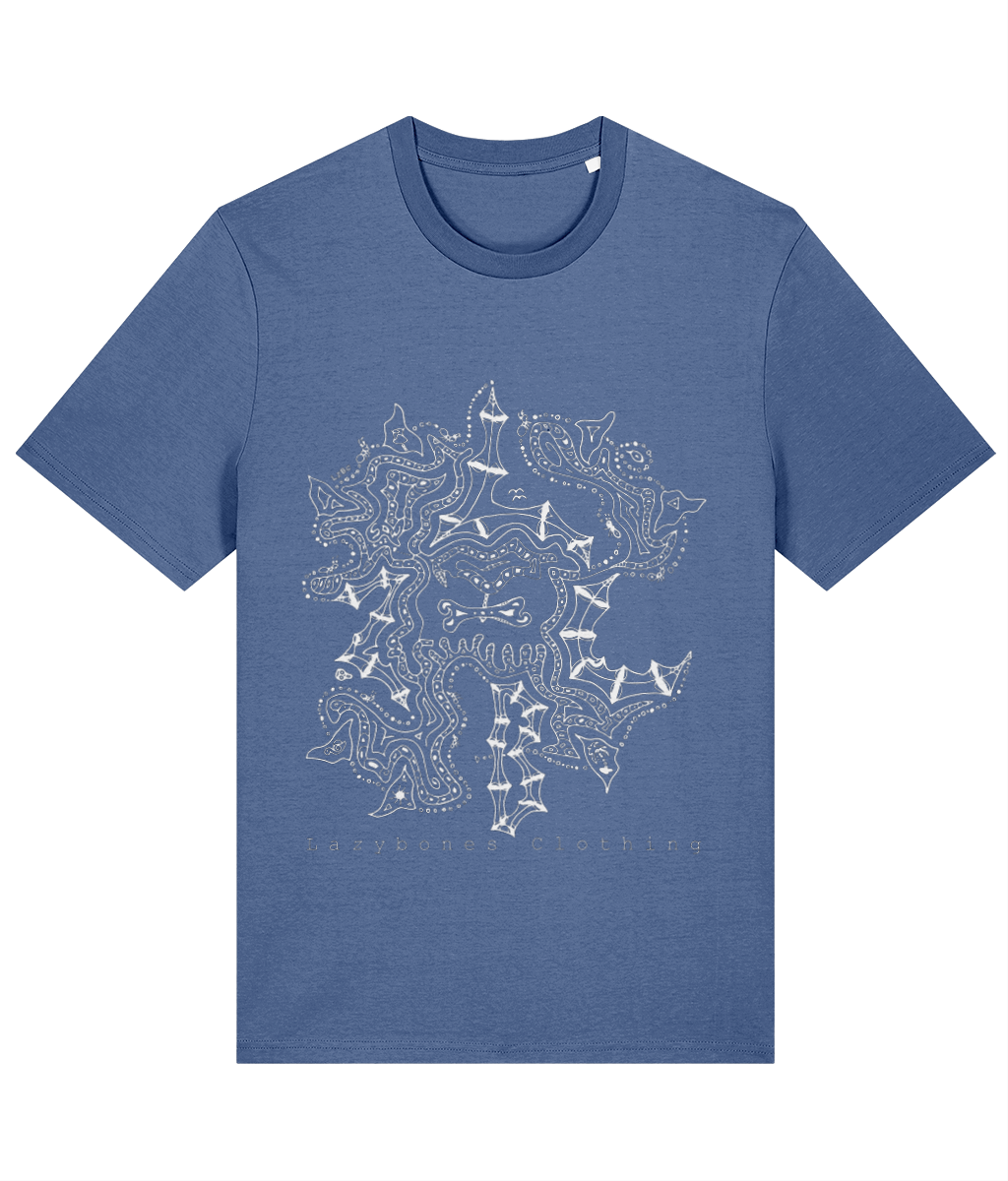 An intricate design with the letters lzbc hidden plus a small skull and the lzbc logo. Lazybones Clothing is written at the bottom. The text and artwork is in white and its on a bright blue T-shirt.