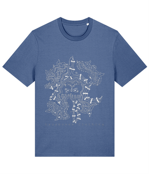 An intricate design with the letters lzbc hidden plus a small skull and the lzbc logo. Lazybones Clothing is written at the bottom. The text and artwork is in white and its on a bright blue T-shirt.