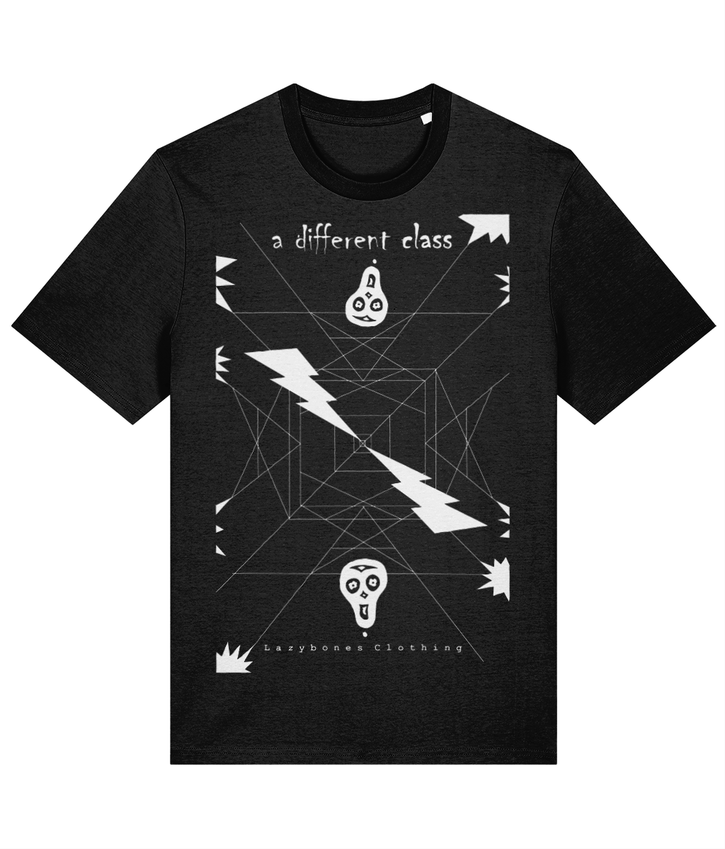 Symmetrical T with two skulls and a electric. The text and artwork are in white on a black t-shirt.